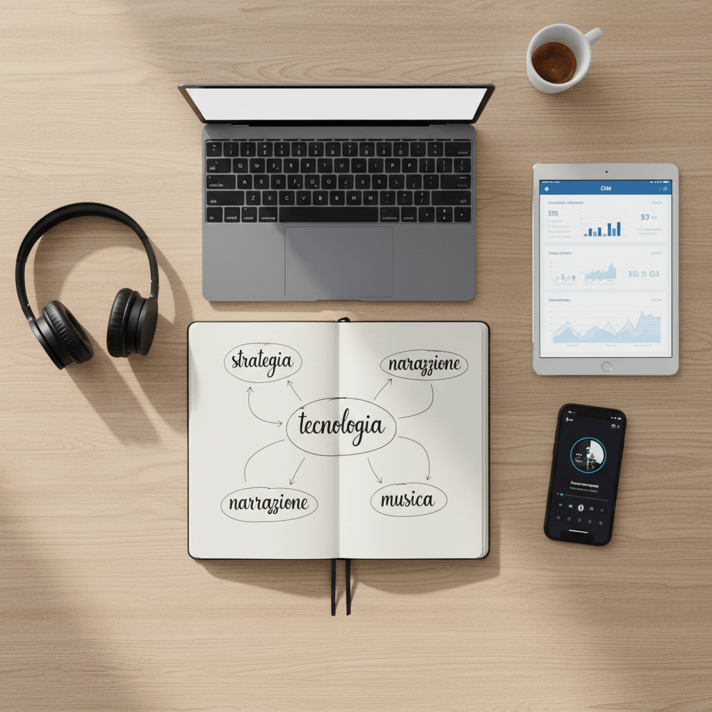 An overhead, flat-lay photograph of a carefully curated personal digital workspace on a light oak table. At the center, an open notebook displays hand-drawn mind maps linking “tecnologia,” “strategia digitale,” “narrazione,” and “musica,” written in elegant Italian script without any branding. Surrounding it are a thin laptop, a tablet showing a clean analytics dashboard, a smartphone with a podcast interface, and a pair of minimalist over-ear headphones. A simple ceramic espresso cup with a subtle gloss finish sits near the top edge, adding a touch of Italian lifestyle. Soft, diffused morning light from above-left creates gentle, natural shadows and a calm, focused atmosphere. Photographic realism, modern and uncluttered, emphasizing a human-centered approach to a rich digital ecosystem.
