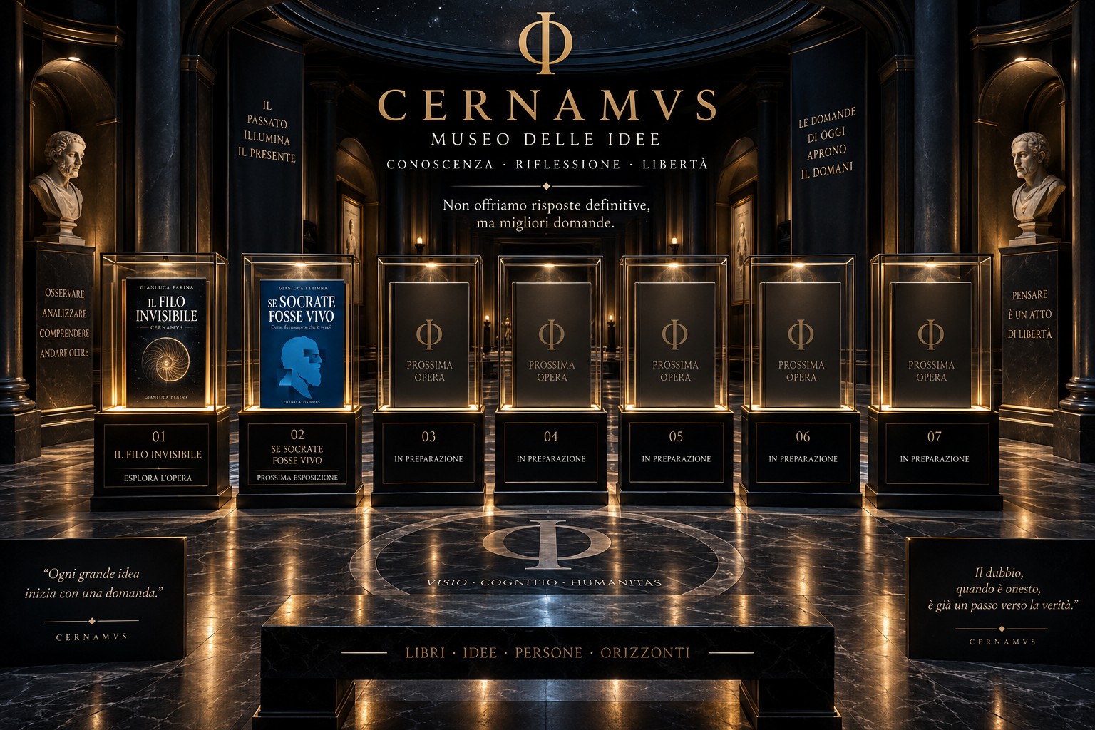 Museo CERNAMVS con sette teche: Il Filo Invisibile, Se Socrate fosse vivo e cinque opere future.