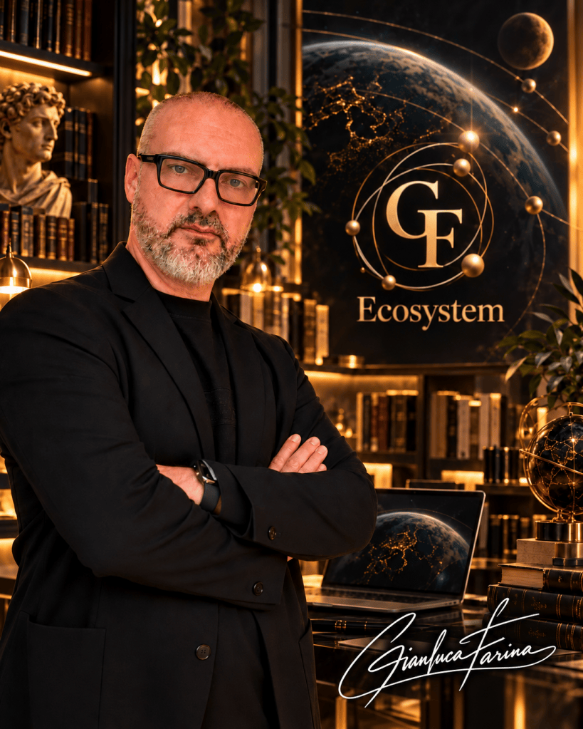 Gianluca Farina nel contesto visivo di GF Ecosystem con firma autografa integrata senza riquadro